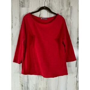 In Cashmere Top Size Small Red Boatneck Rolled Raw Hems Slub Knit 100% Cotton‎